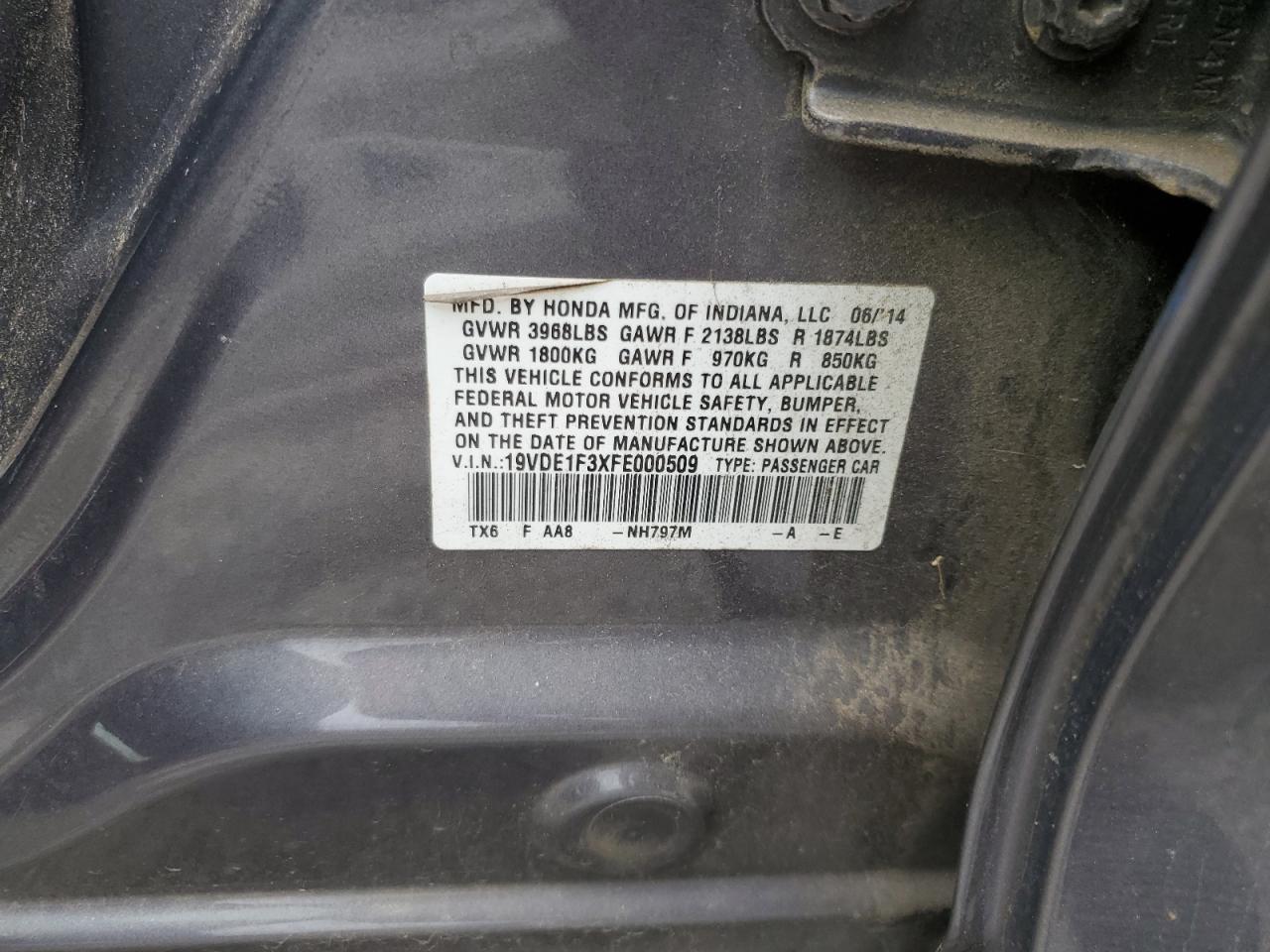 2015 Acura ILX VIN 19VDE1F3XFE000509 Copart auction photo, front end damage thumbnail 14