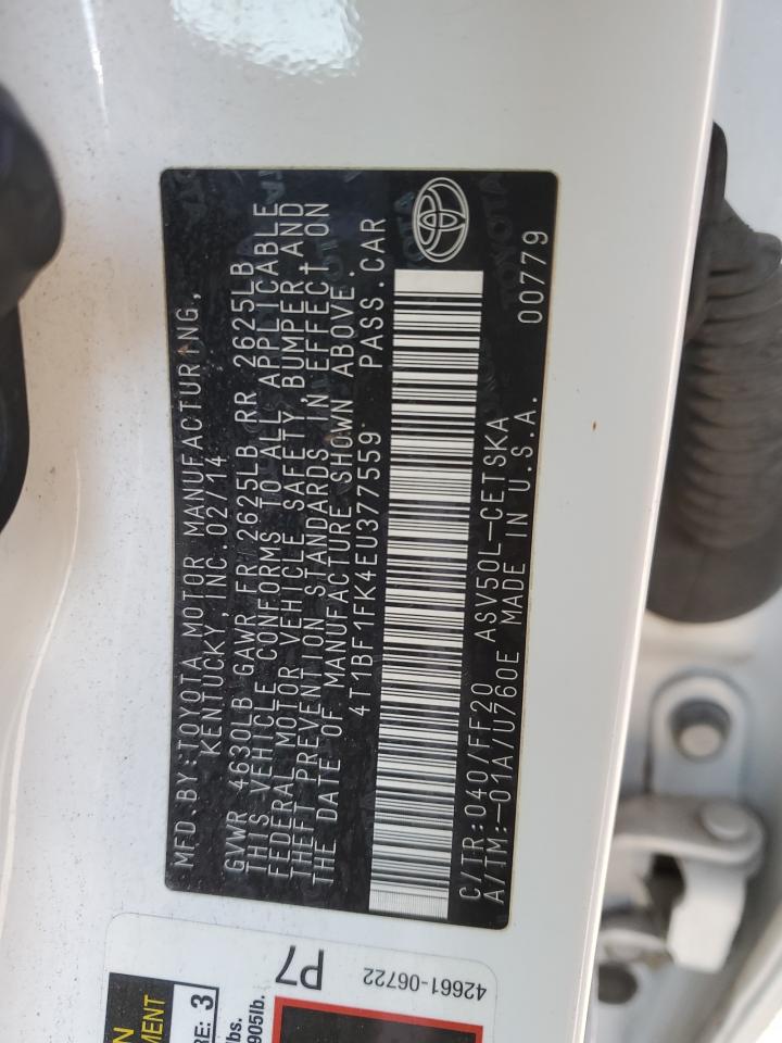 2014 Toyota Camry VIN 4T1BF1FK4EU377559 Copart auction photo, rear end / front end damage thumbnail 12