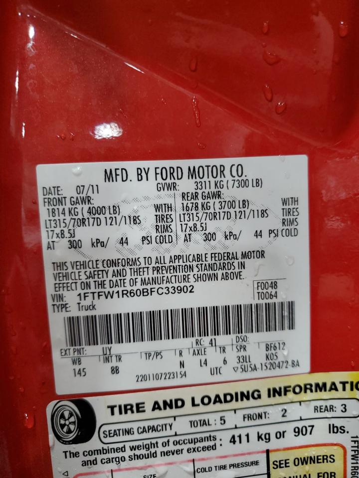 2011 Ford F-150 VIN 1FTFW1R60BFC33902 Copart auction photo, front end / side damage thumbnail 12