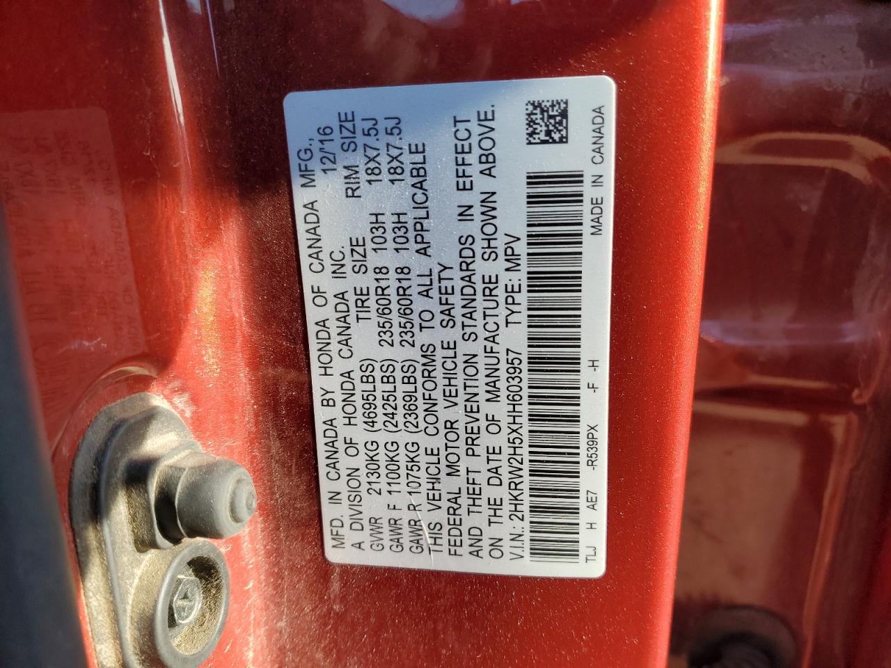 2017 Honda CR-V VIN 2HKRW2H5XHH603957 Copart auction photo, burn - engine damage thumbnail 13