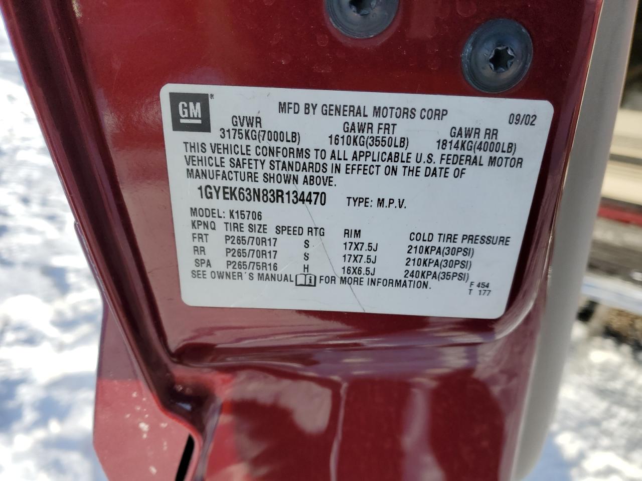 2003 Cadillac Escalade VIN 1GYEK63N83R134470 Copart auction photo, front end damage thumbnail 12
