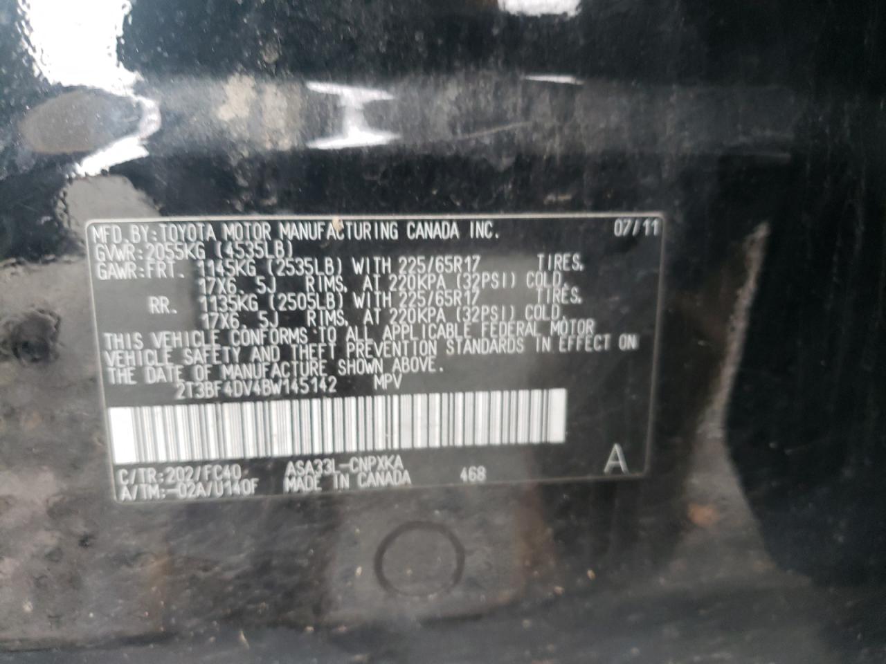 2011 Toyota RAV 4 VIN 2T3BF4DV4BW145142 Copart auction photo, front end damage thumbnail 13