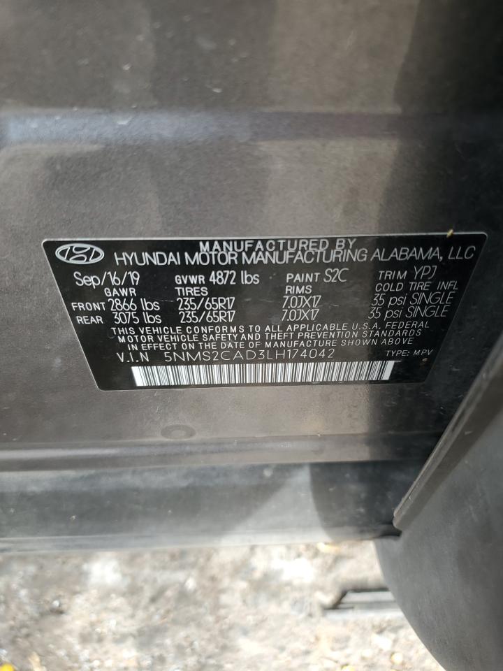 2020 Hyundai Santa Fe VIN 5NMS2CAD3LH174042 Copart auction photo, water/flood damage thumbnail 14
