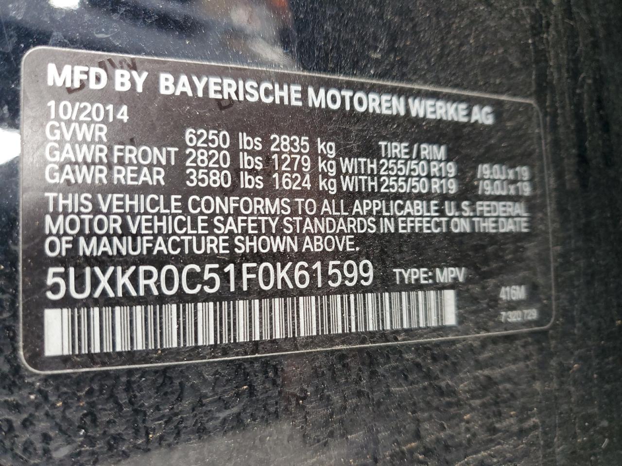 2015 BMW X5 VIN 5UXKR0C51F0K61599 Copart auction photo, front end damage thumbnail 12