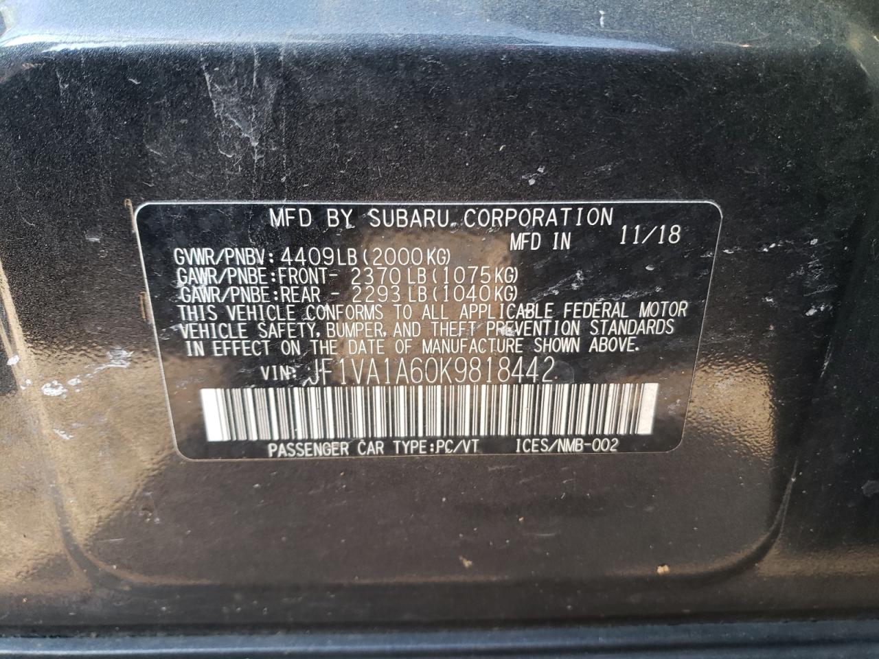 2019 Subaru WRX VIN JF1VA1A60K9818442 Copart auction photo, front end / minor dent/scratches damage thumbnail 14