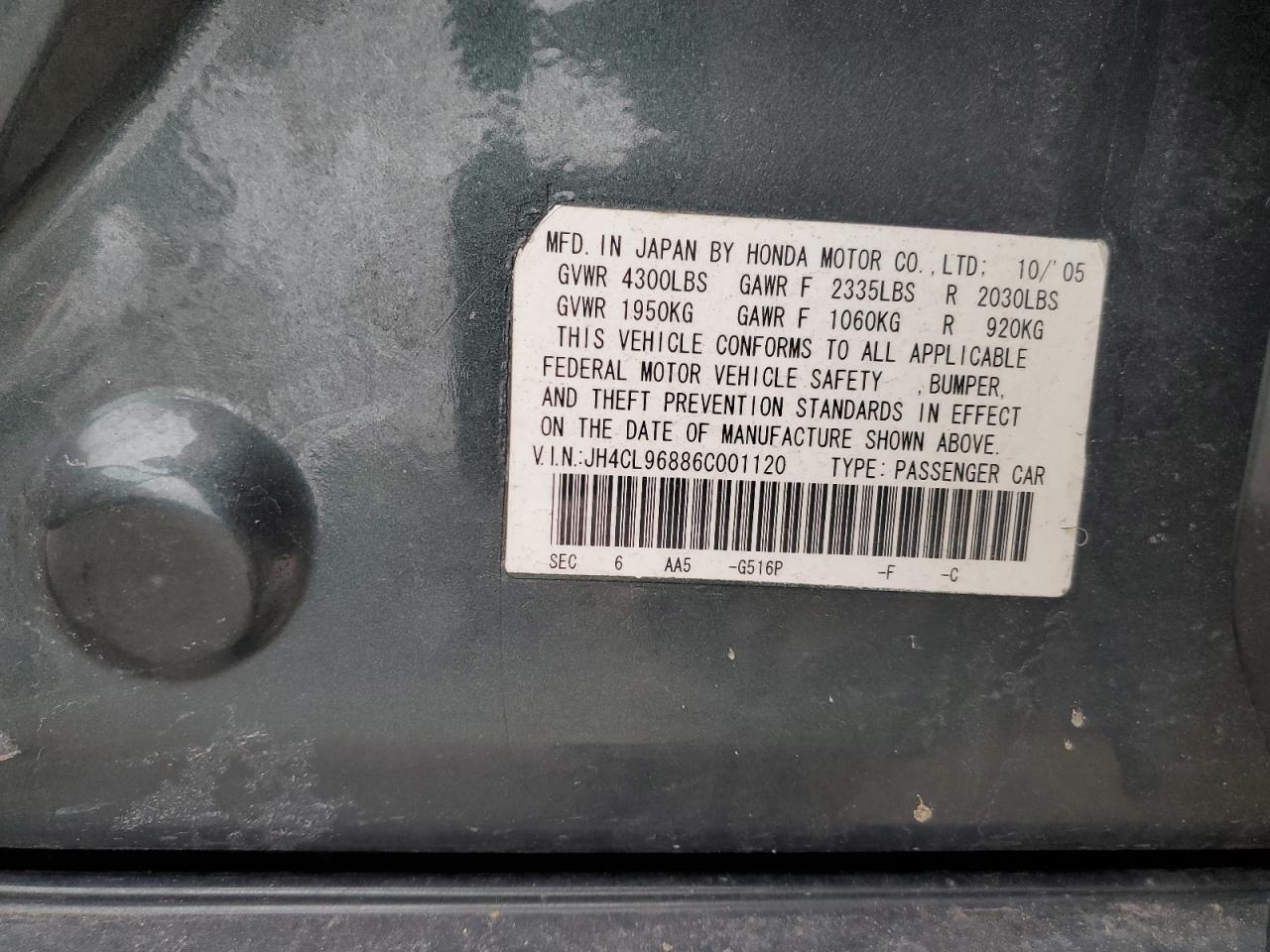 2006 Acura TSX VIN JH4CL96886C001120 Copart auction photo, front end / minor dent/scratches damage thumbnail 13