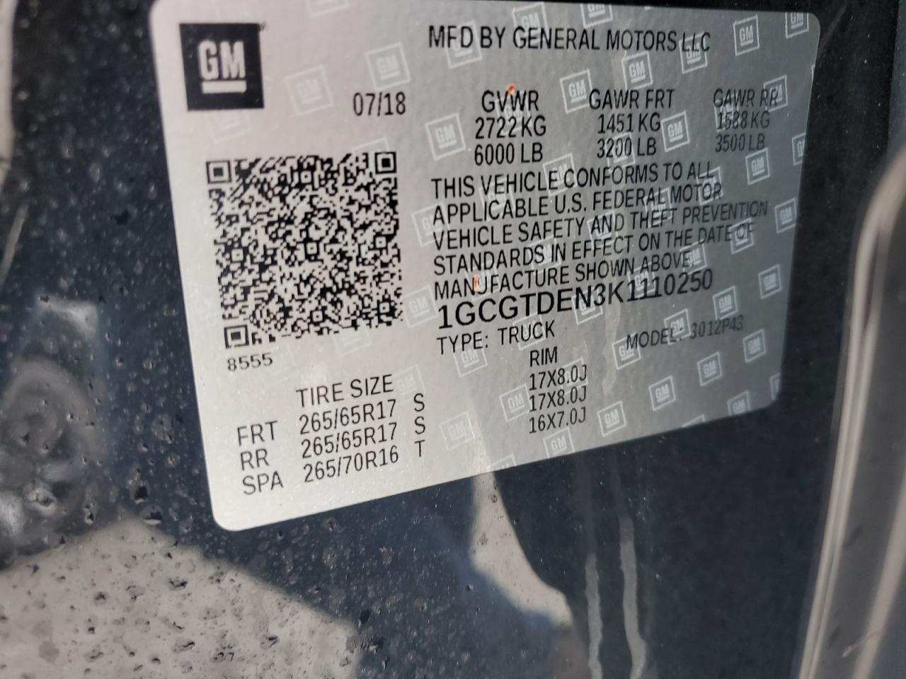 2019 Chevrolet Colorado VIN 1GCGTDEN3K1110250 Copart auction photo, water/flood damage thumbnail 13