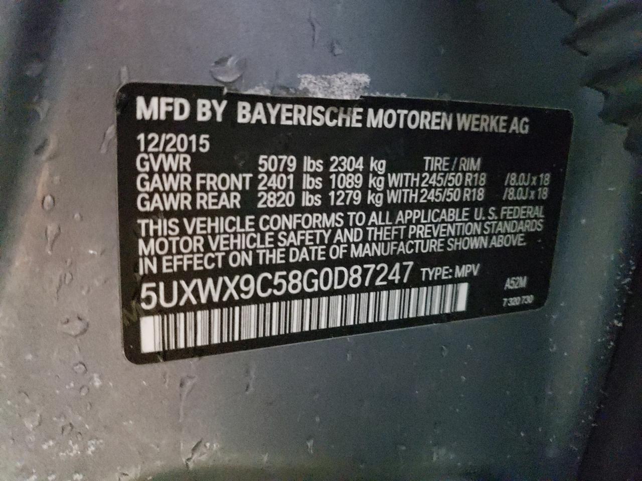 2016 BMW X3 VIN 5UXWX9C58G0D87247 Copart auction photo, front end damage thumbnail 13