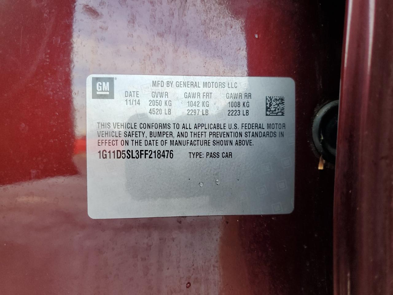 2015 Chevrolet Malibu VIN 1G11D5SL3FF218476 Copart auction photo, front end / minor dent/scratches damage thumbnail 12