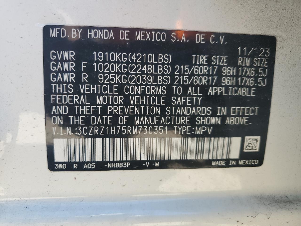 2024 Honda HR-V VIN 3CZRZ1H75RM730351 Copart auction photo, front end / side damage thumbnail 15