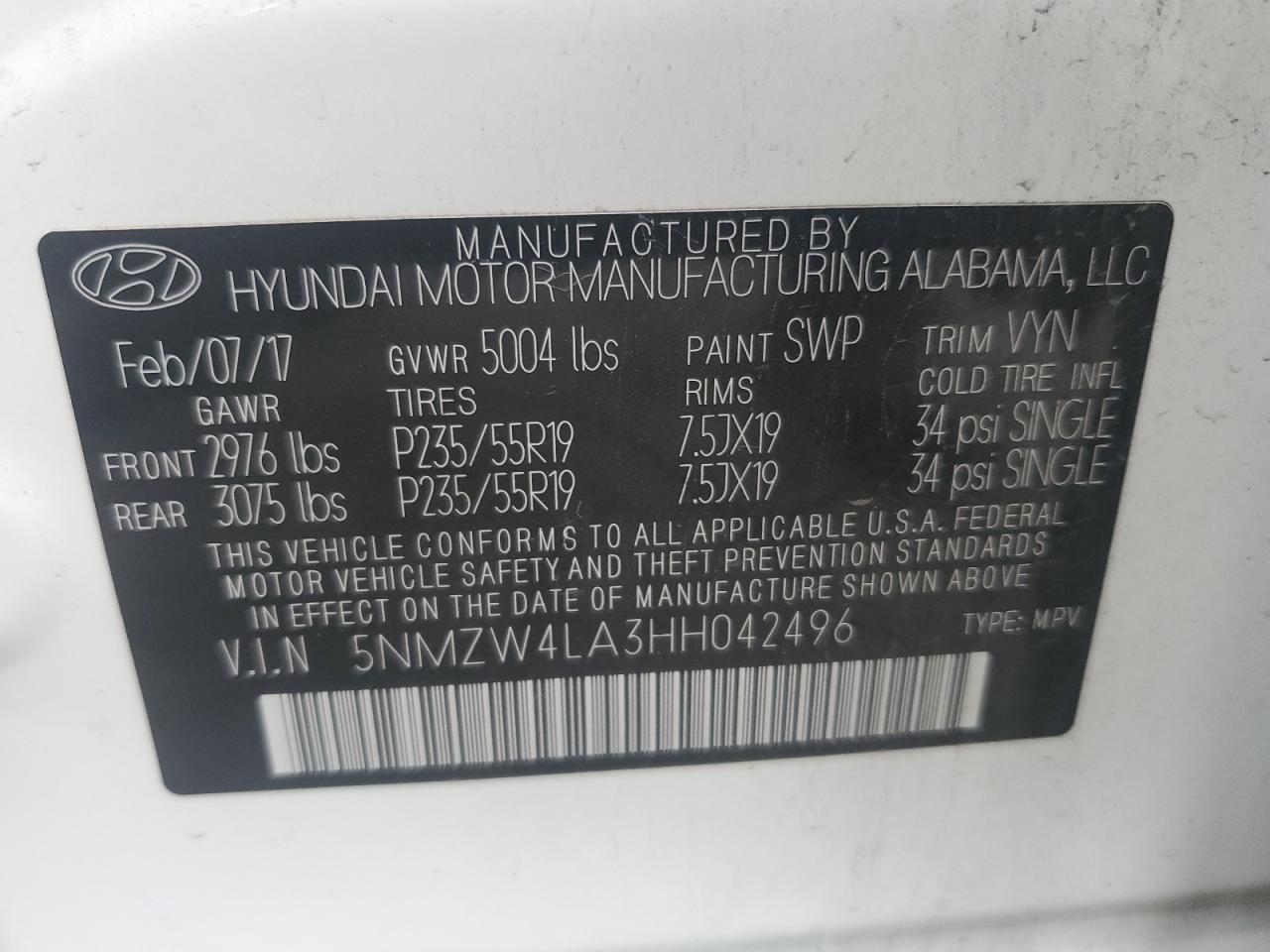 2017 Hyundai Santa Fe VIN 5NMZW4LA3HH042496 Copart auction photo, all over / top/roof damage thumbnail 15