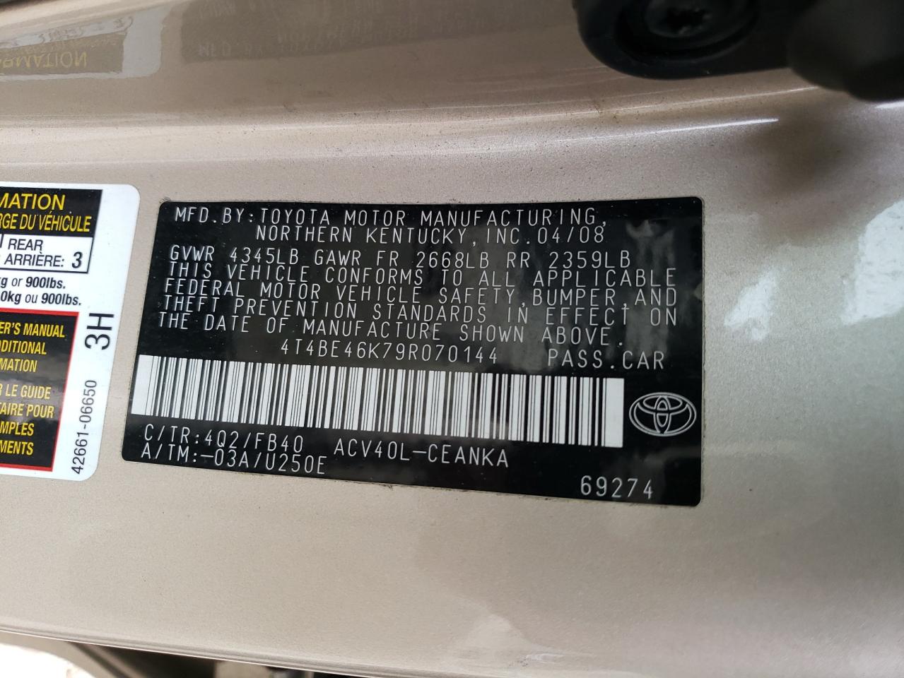 2009 Toyota Camry VIN 4T4BE46K79R070144 Copart auction photo, front end / side damage thumbnail 13
