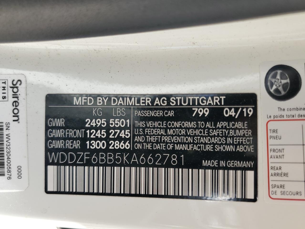 2019 Mercedes-Benz E-klasse VIN WDDZF6BB5KA662781 Copart auction photo, minor dent/scratches / normal wear damage thumbnail 12