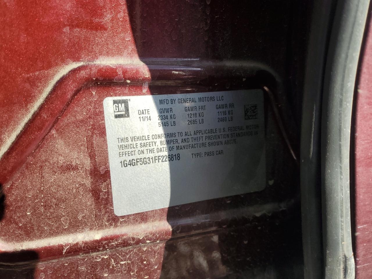 2015 Buick LaCrosse VIN 1G4GF5G31FF226818 Copart auction photo, front end damage thumbnail 12