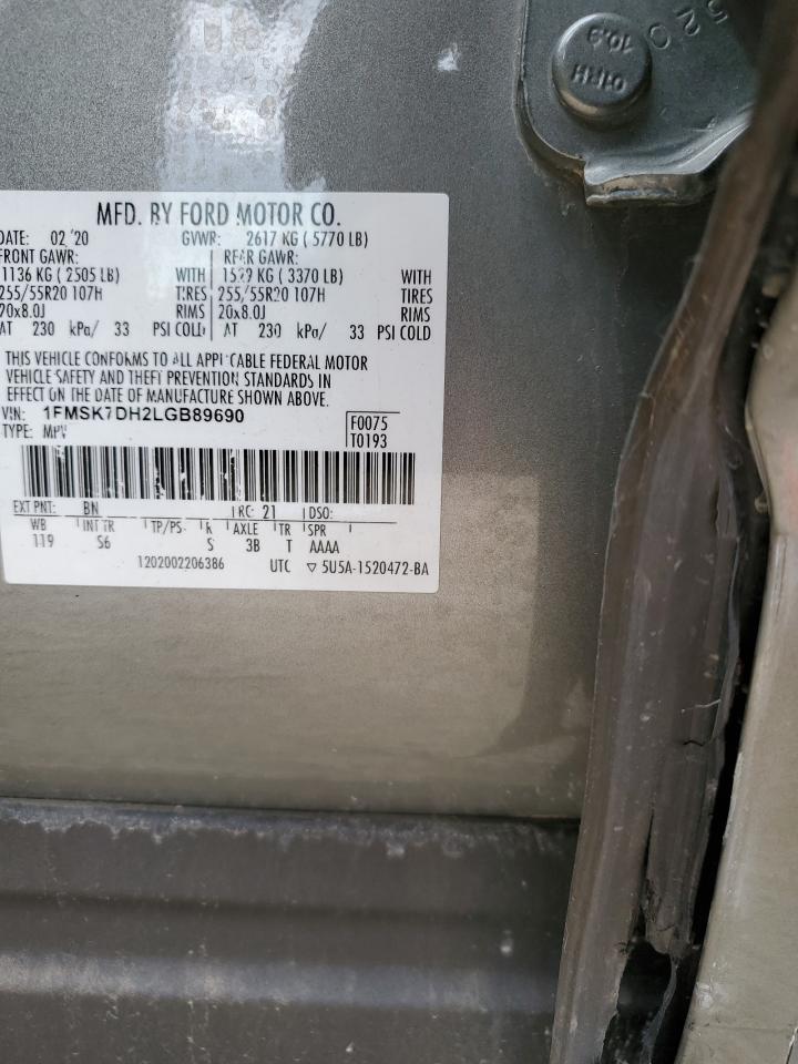 2020 Ford Explorer VIN 1FMSK7DH2LGB89690 Copart auction photo, front end / side damage thumbnail 13