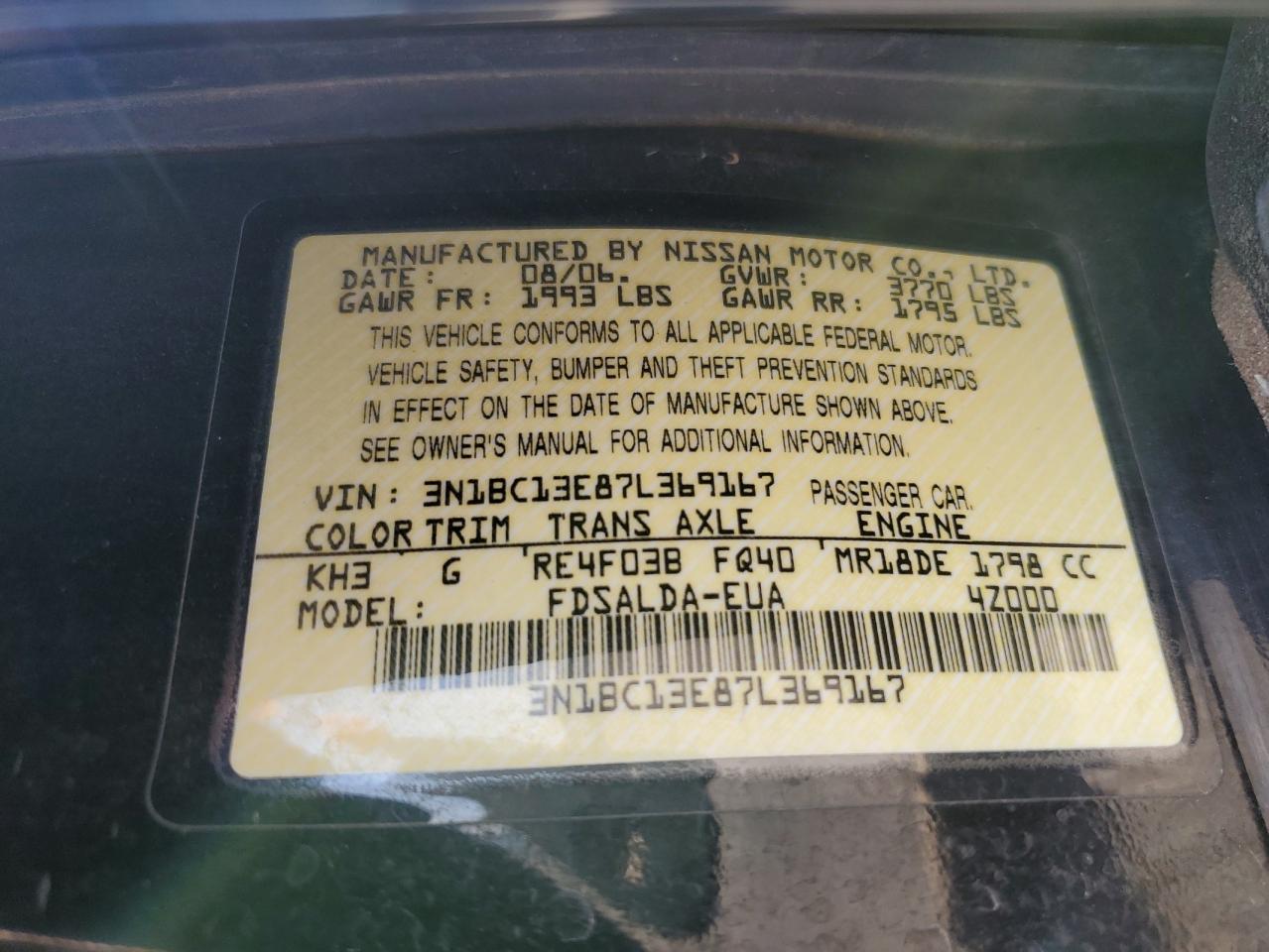 2007 Nissan Versa VIN 3N1BC13E87L369167 Copart auction photo, all over damage thumbnail 14