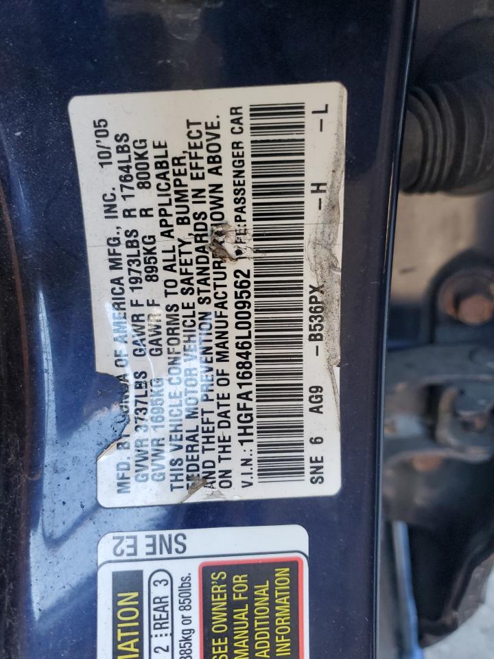 2006 Honda Civic VIN 1HGFA16846L009562 Copart auction photo, rear end / side damage thumbnail 12