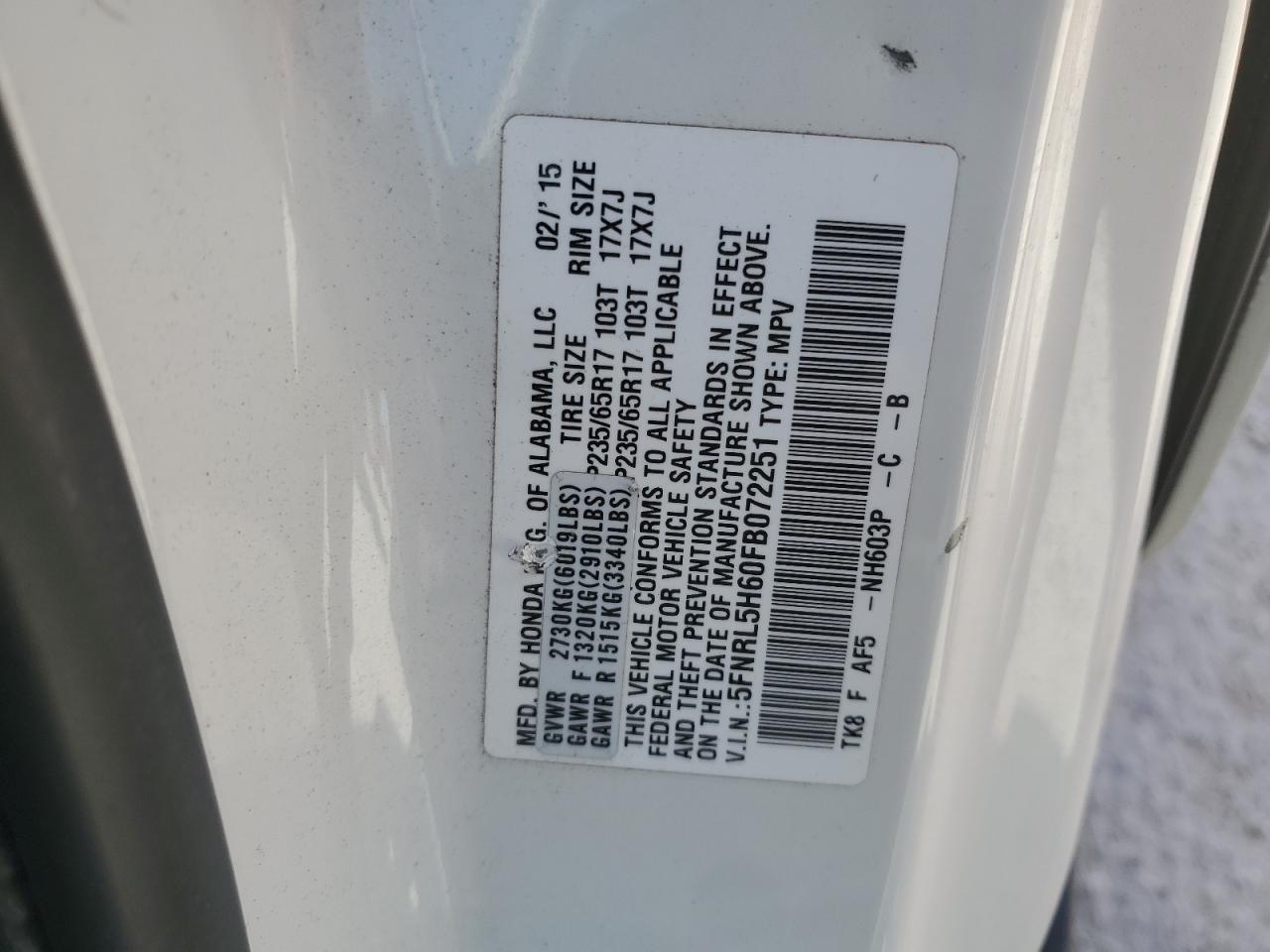 2015 Honda Odyssey VIN 5FNRL5H60FB072251 Copart auction photo, front end damage thumbnail 15