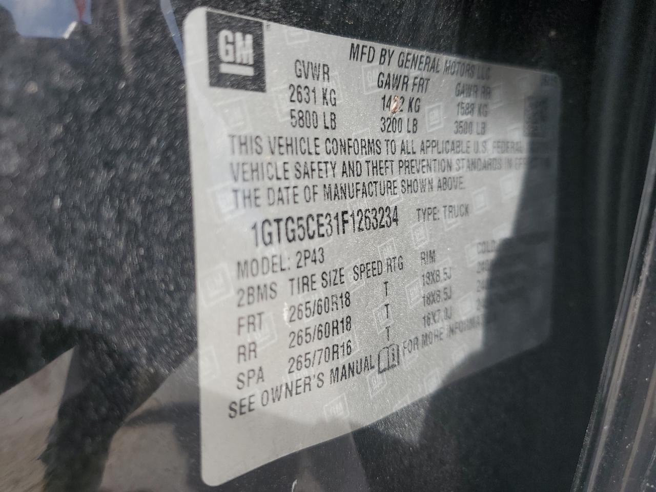 2015 GMC Canyon VIN 1GTG5CE31F1263234 Copart auction photo, side / undercarriage damage thumbnail 12
