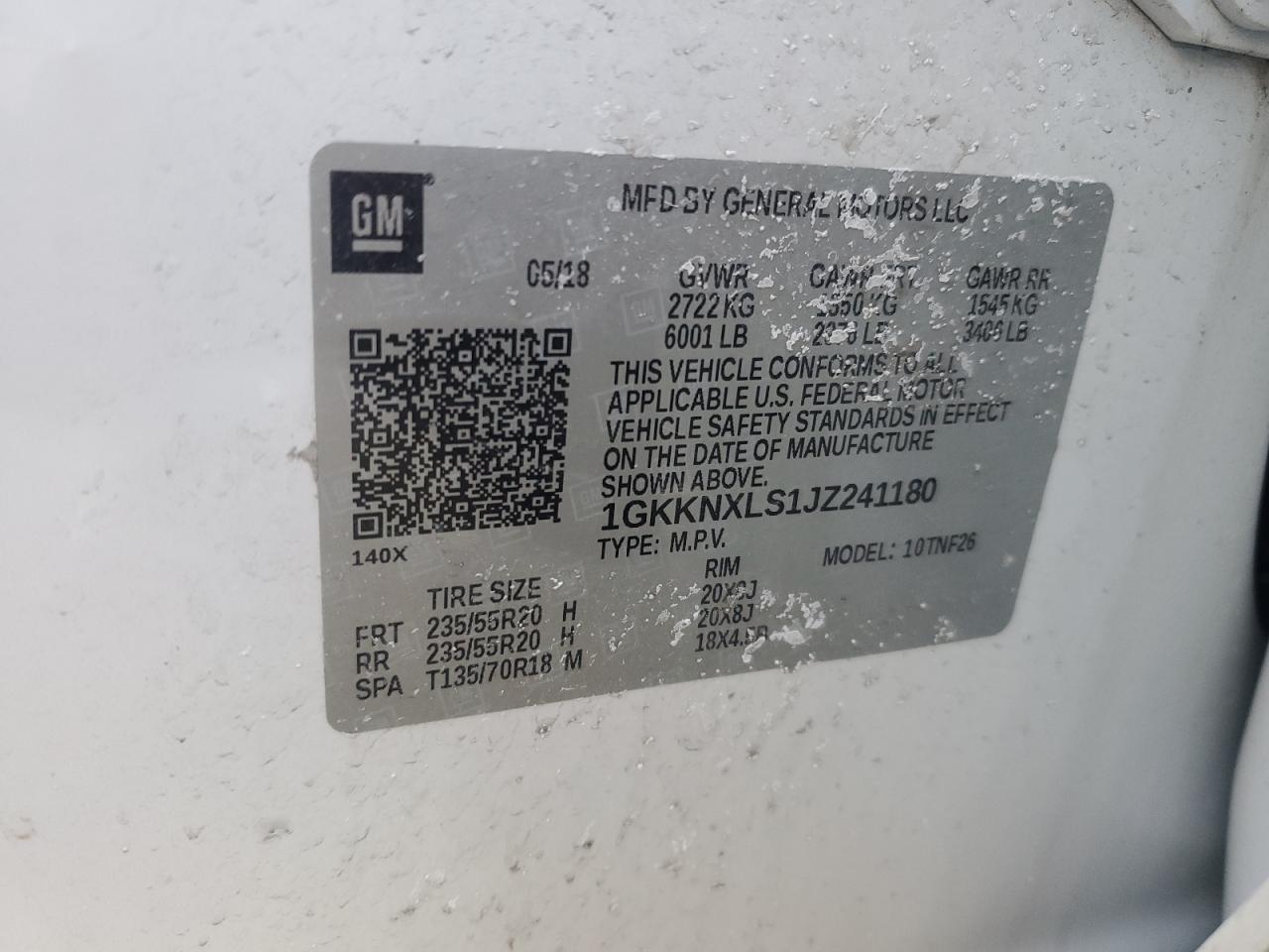 2018 GMC Acadia VIN 1GKKNXLS1JZ241180 Copart auction photo, front end damage thumbnail 14