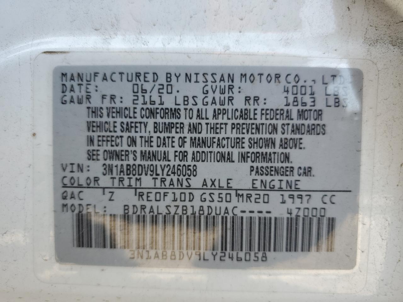 2020 Nissan Sentra VIN 3N1AB8DV9LY246058 Copart auction photo, rear end / minor dent/scratches damage thumbnail 12