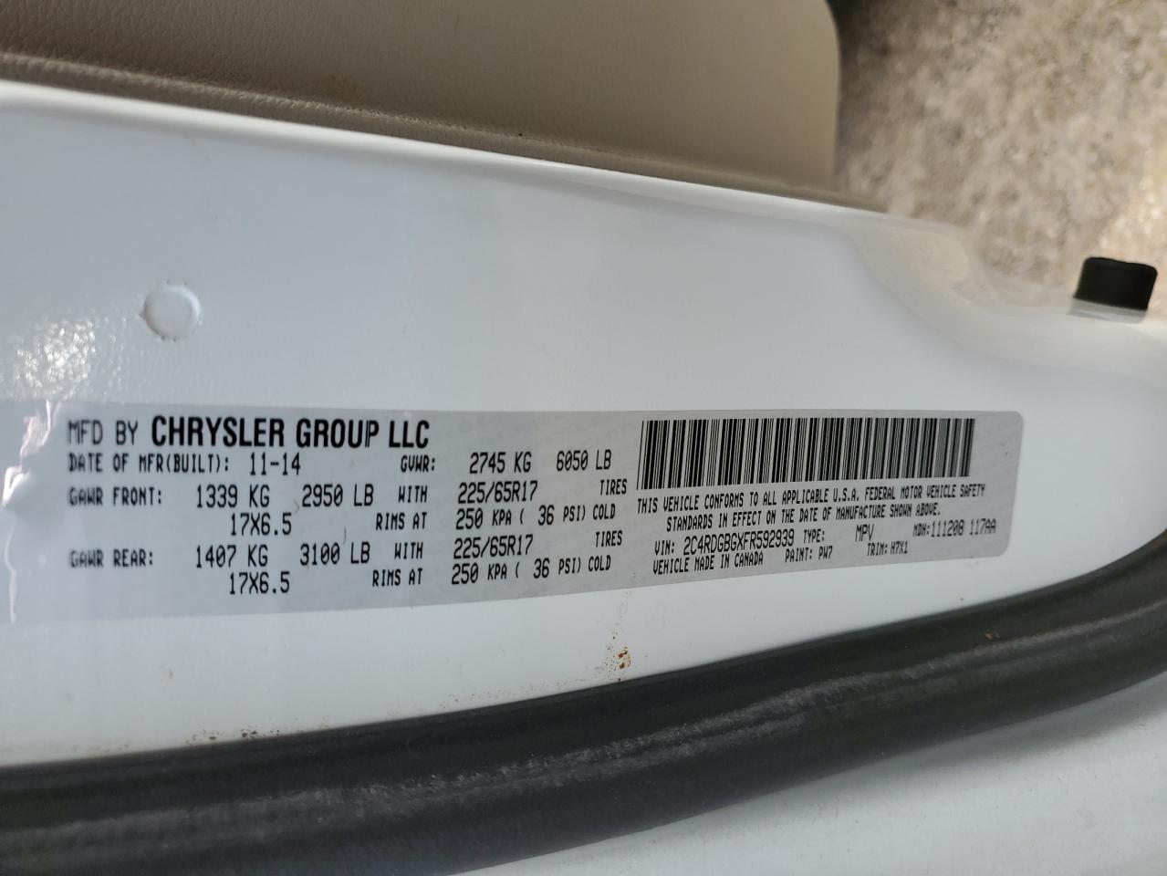 2015 Dodge Caravan VIN 2C4RDGBGXFR592939 Copart auction photo, rear end / frame damage damage thumbnail 15