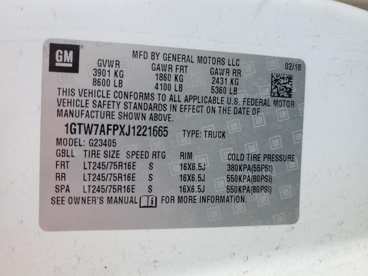 2018 GMC Savana VIN 1GTW7AFPXJ1221665 Copart auction photo, front end damage thumbnail 15