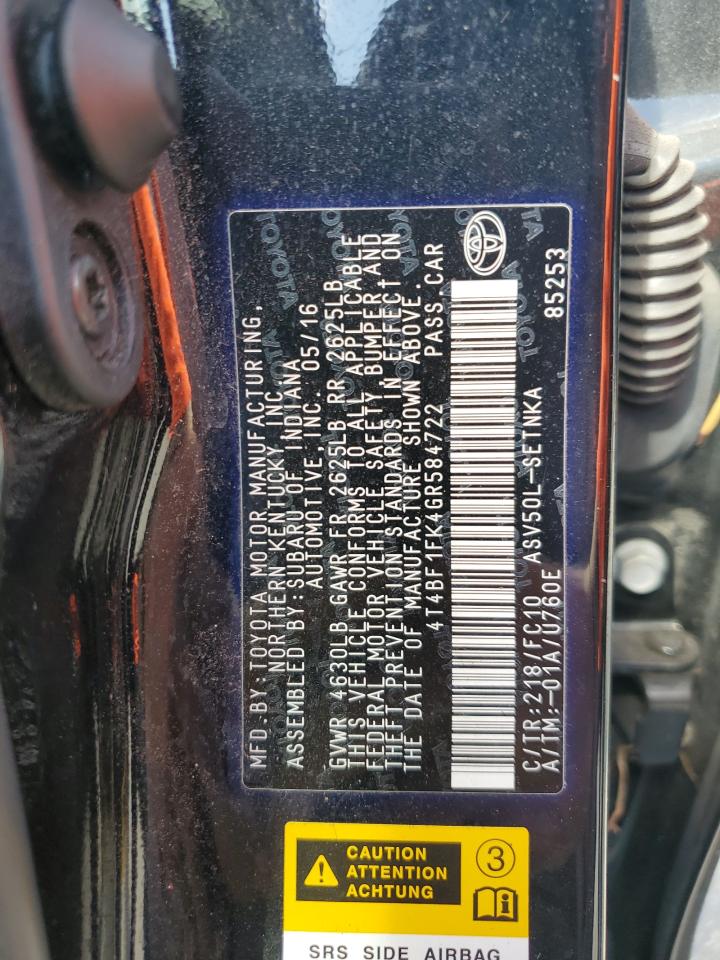 2016 Toyota Camry VIN 4T4BF1FK4GR584722 Copart auction photo, water/flood damage thumbnail 12