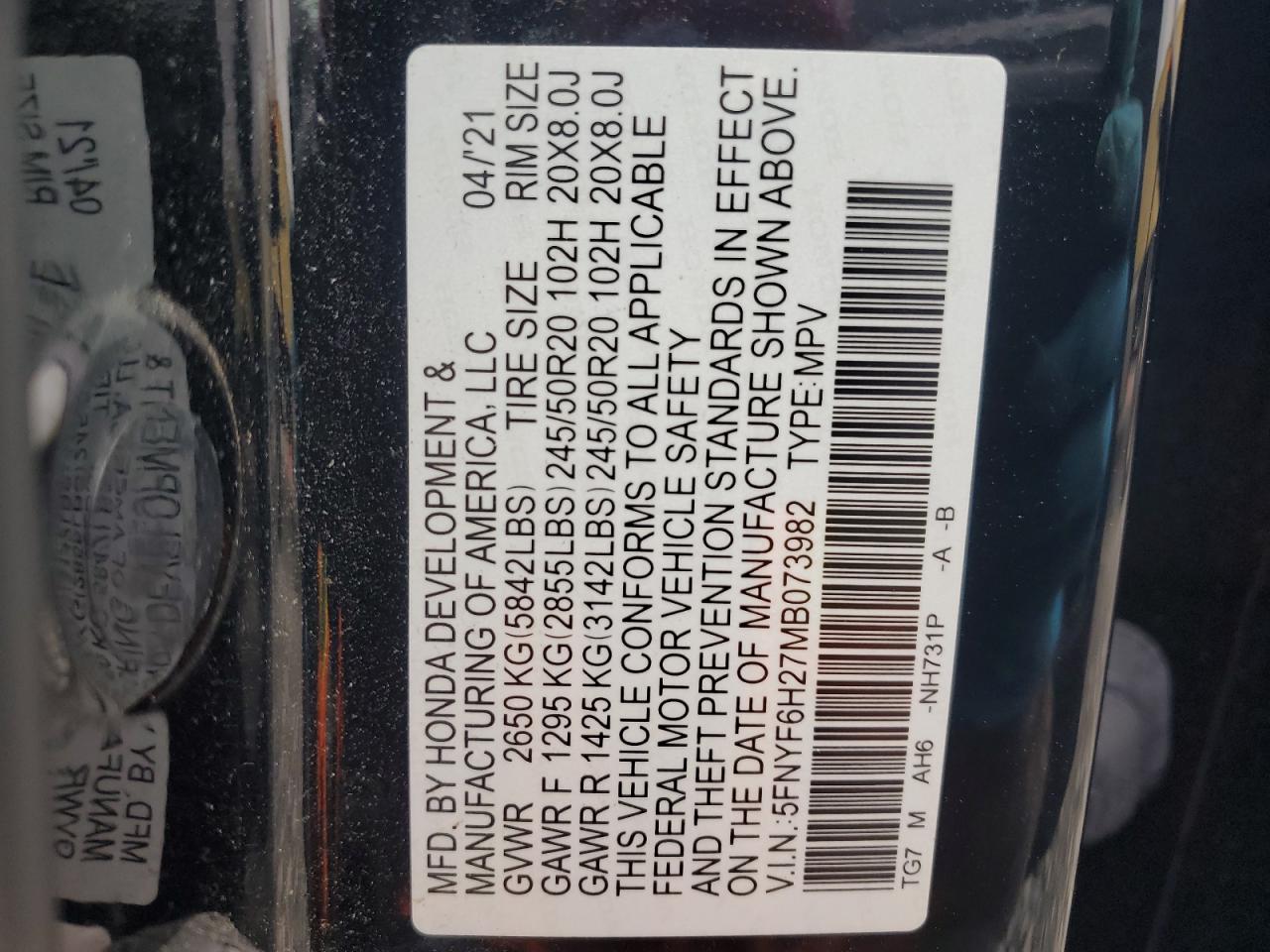 2021 Honda Pilot VIN 5FNYF6H27MB073982 Copart auction photo, front end damage thumbnail 15