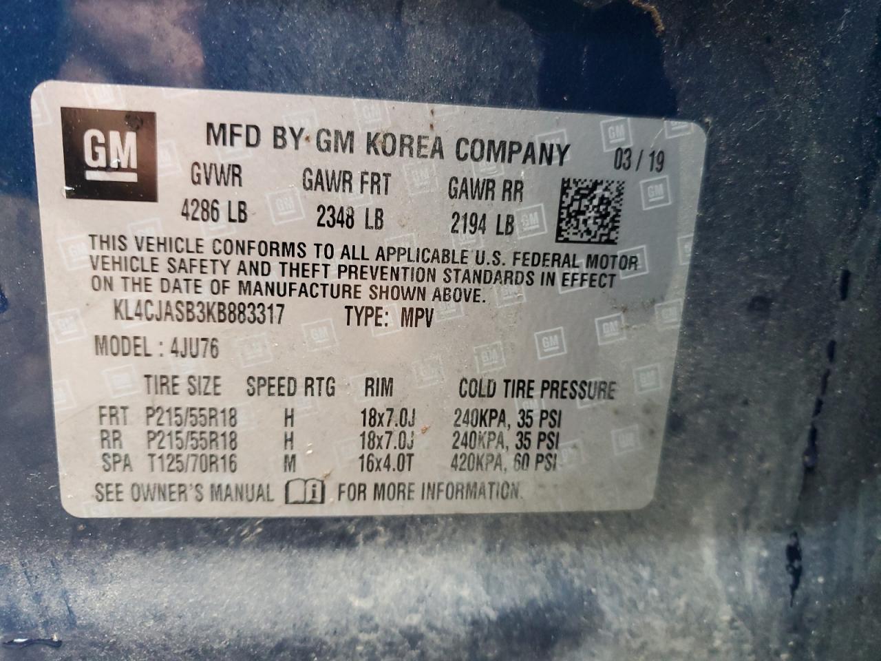 2019 Buick Encore VIN KL4CJASB3KB883317 Copart auction photo, front end / minor dent/scratches damage thumbnail 13