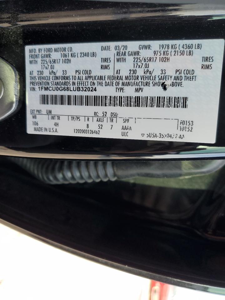 2020 Ford Escape VIN 1FMCU0G68LUB32024 Copart auction photo, rear end / minor dent/scratches damage thumbnail 14
