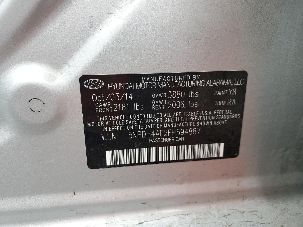 2015 Hyundai Elantra VIN 5NPDH4AE2FH594887 Copart auction photo, front end damage thumbnail 13
