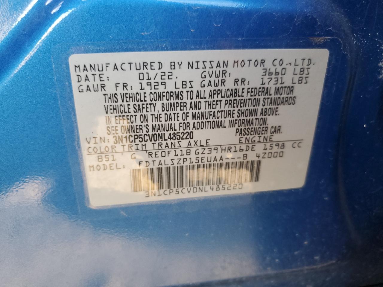 2022 Nissan Kicks VIN 3N1CP5CV0NL485220 Copart auction photo, front end / minor dent/scratches damage thumbnail 15