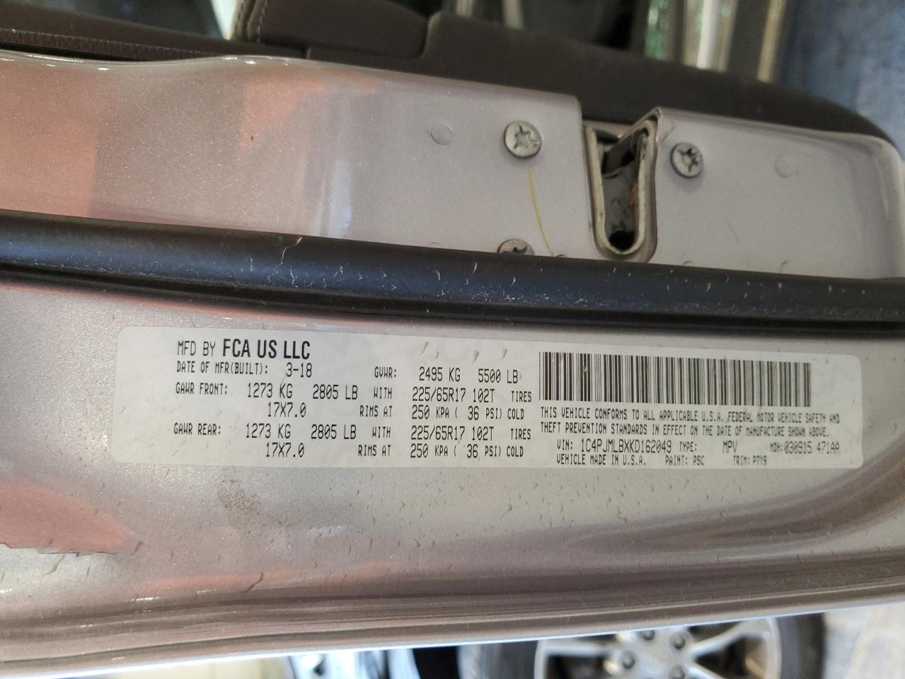 2019 Jeep Grand Cherokee VIN 1C4PJMLBXKD162049 Copart auction photo, side / front end damage thumbnail 13