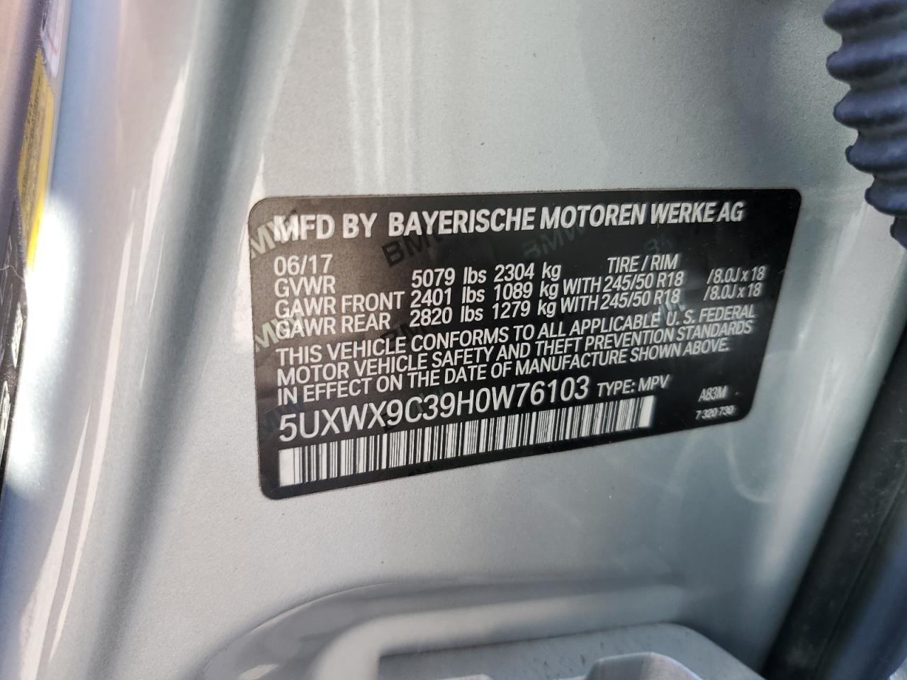 2017 BMW X3 VIN 5UXWX9C39H0W76103 Copart auction photo, water/flood damage thumbnail 14