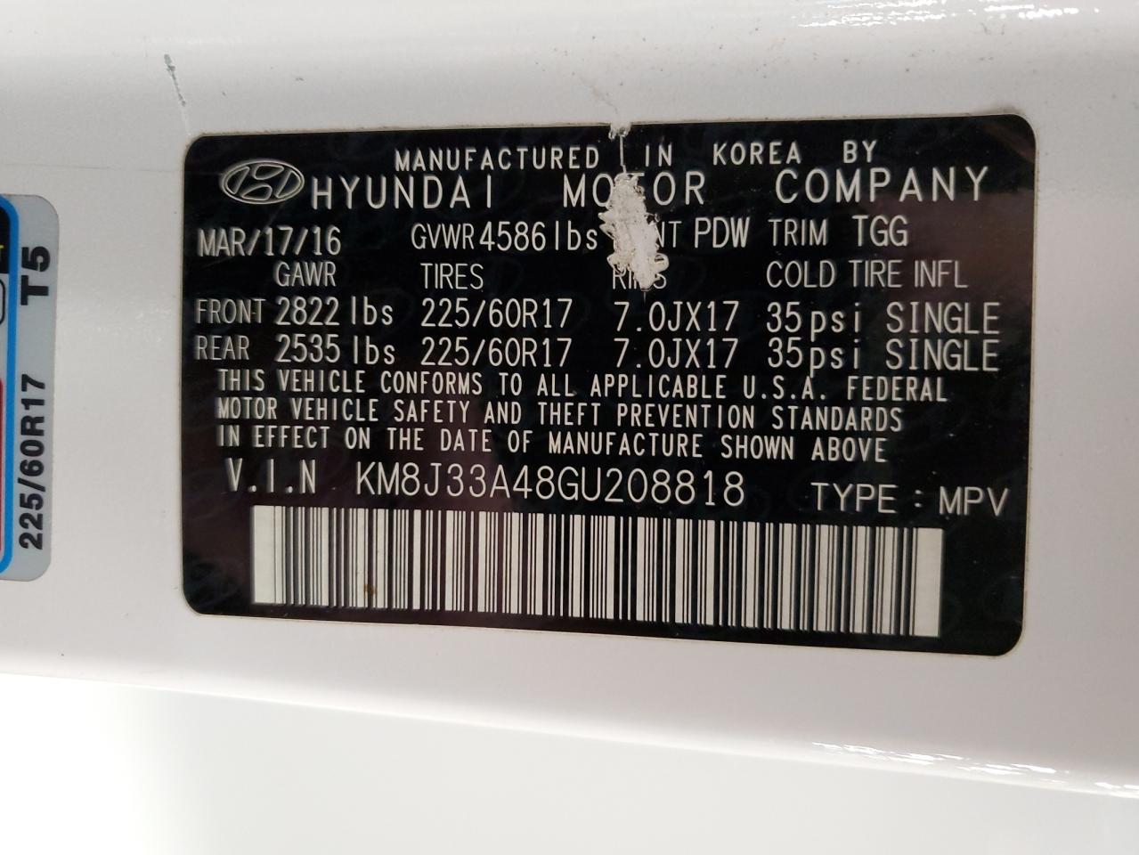 2016 Hyundai Tucson VIN KM8J33A48GU208818 Copart auction photo, rear end damage thumbnail 15