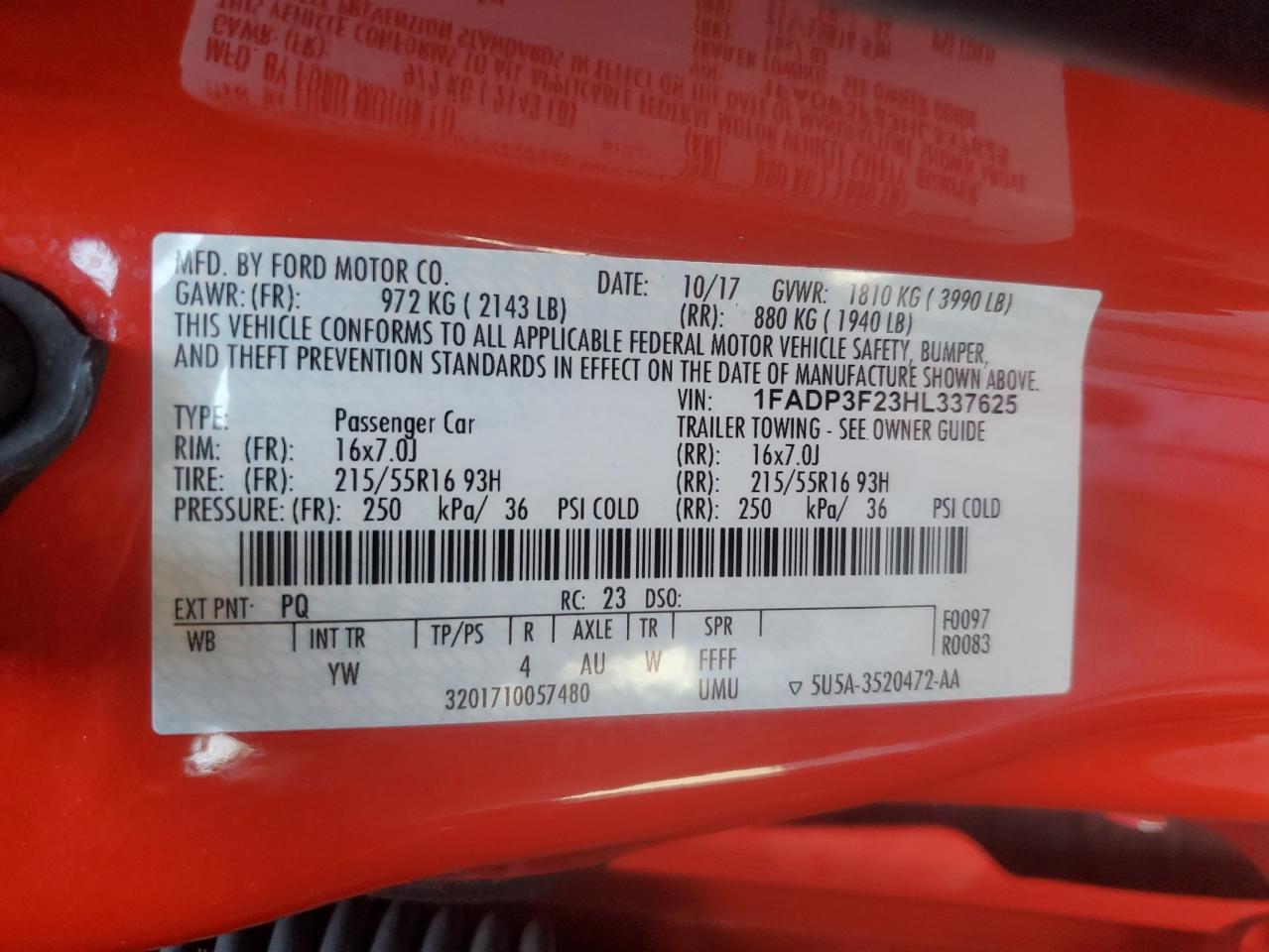 2017 Ford Focus VIN 1FADP3F23HL337625 Copart auction photo, minor dent/scratches damage thumbnail 12