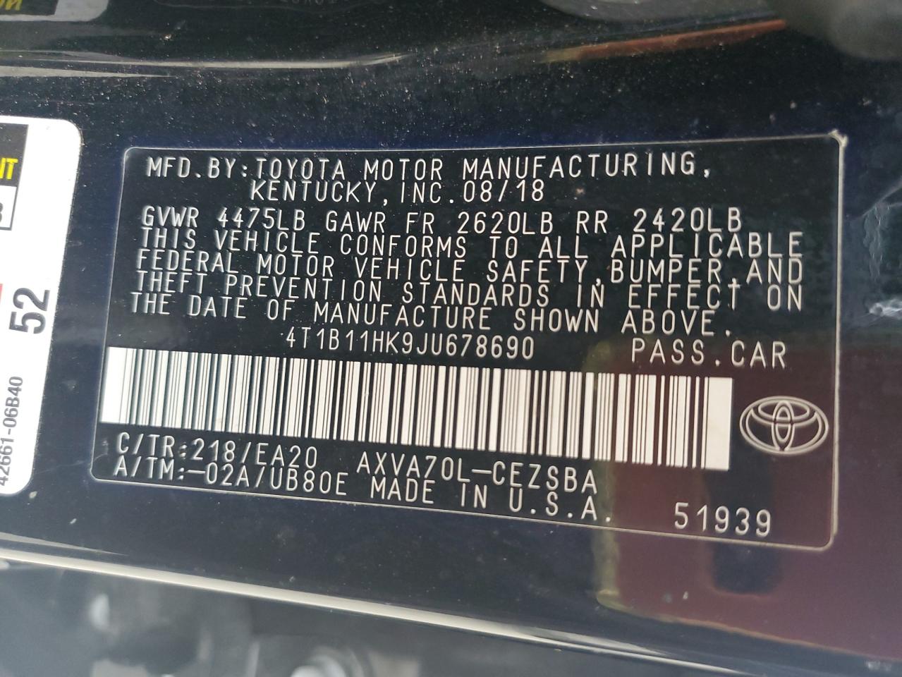 2018 Toyota Camry VIN 4T1B11HK9JU678690 Copart auction photo, front end / minor dent/scratches damage thumbnail 12