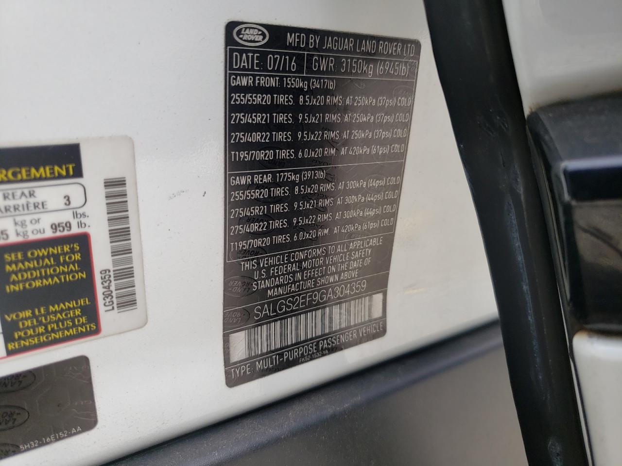 2016 Land Rover Range Rover VIN SALGS2EF9GA304359 Copart auction photo, mechanical damage thumbnail 13
