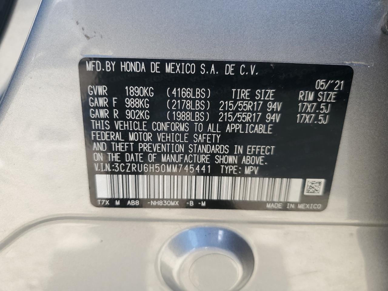 2021 Honda HR-V VIN 3CZRU6H50MM745441 Copart auction photo, front end damage thumbnail 16