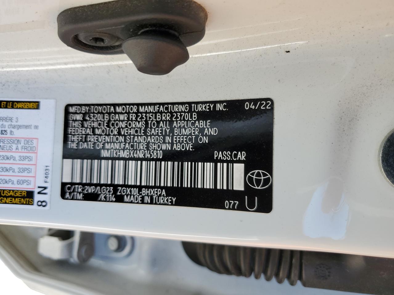 2022 Toyota C-HR VIN NMTKHMBX4NR145810 Copart auction photo, mechanical / front end damage thumbnail 13