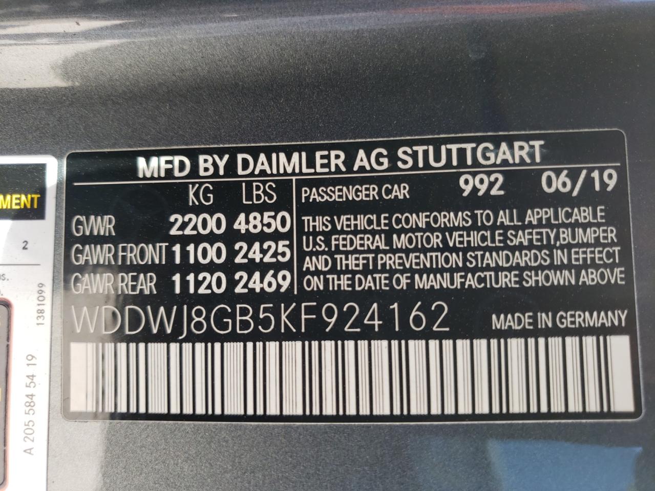 2019 Mercedes-Benz C-klasse VIN WDDWJ8GB5KF924162 Copart auction photo, all over / undercarriage damage thumbnail 10