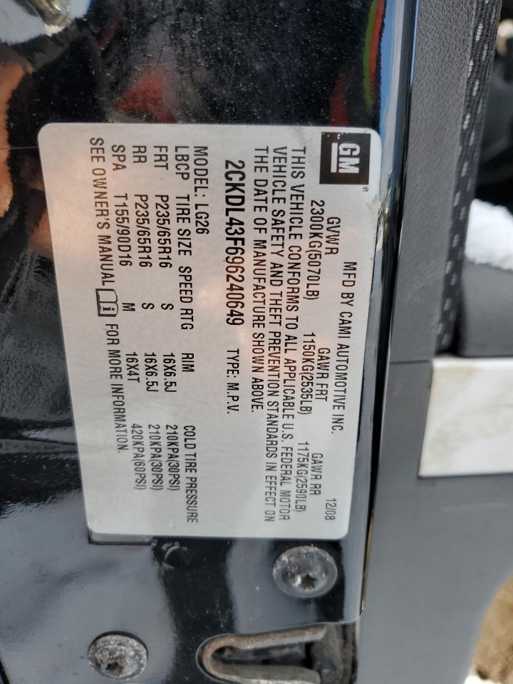 2009 Pontiac Torrent VIN 2CKDL43F696240649 Copart auction photo, front end / side damage thumbnail 14