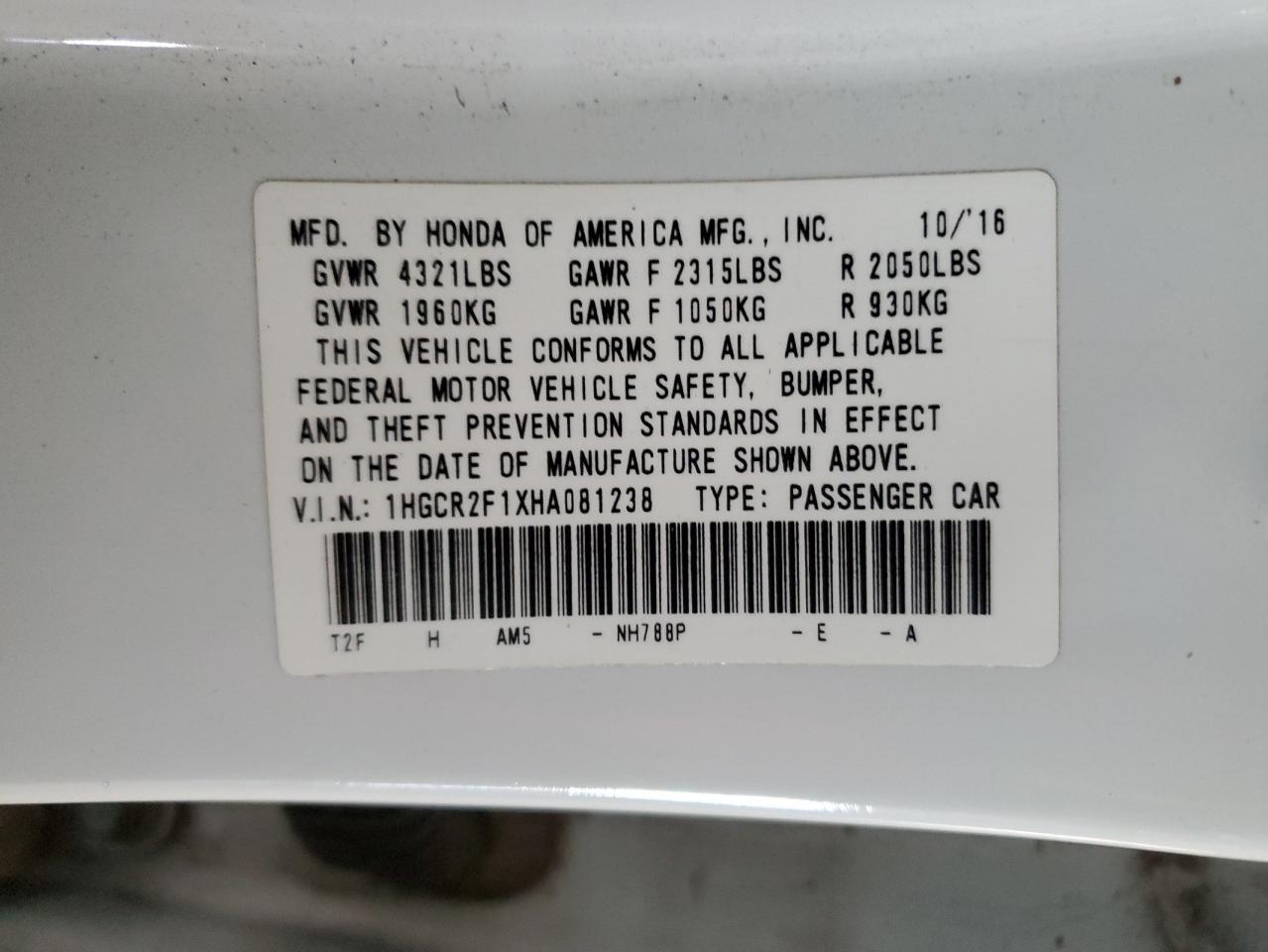 2017 Honda Accord VIN 1HGCR2F1XHA081238 Copart auction photo, front end damage thumbnail 13