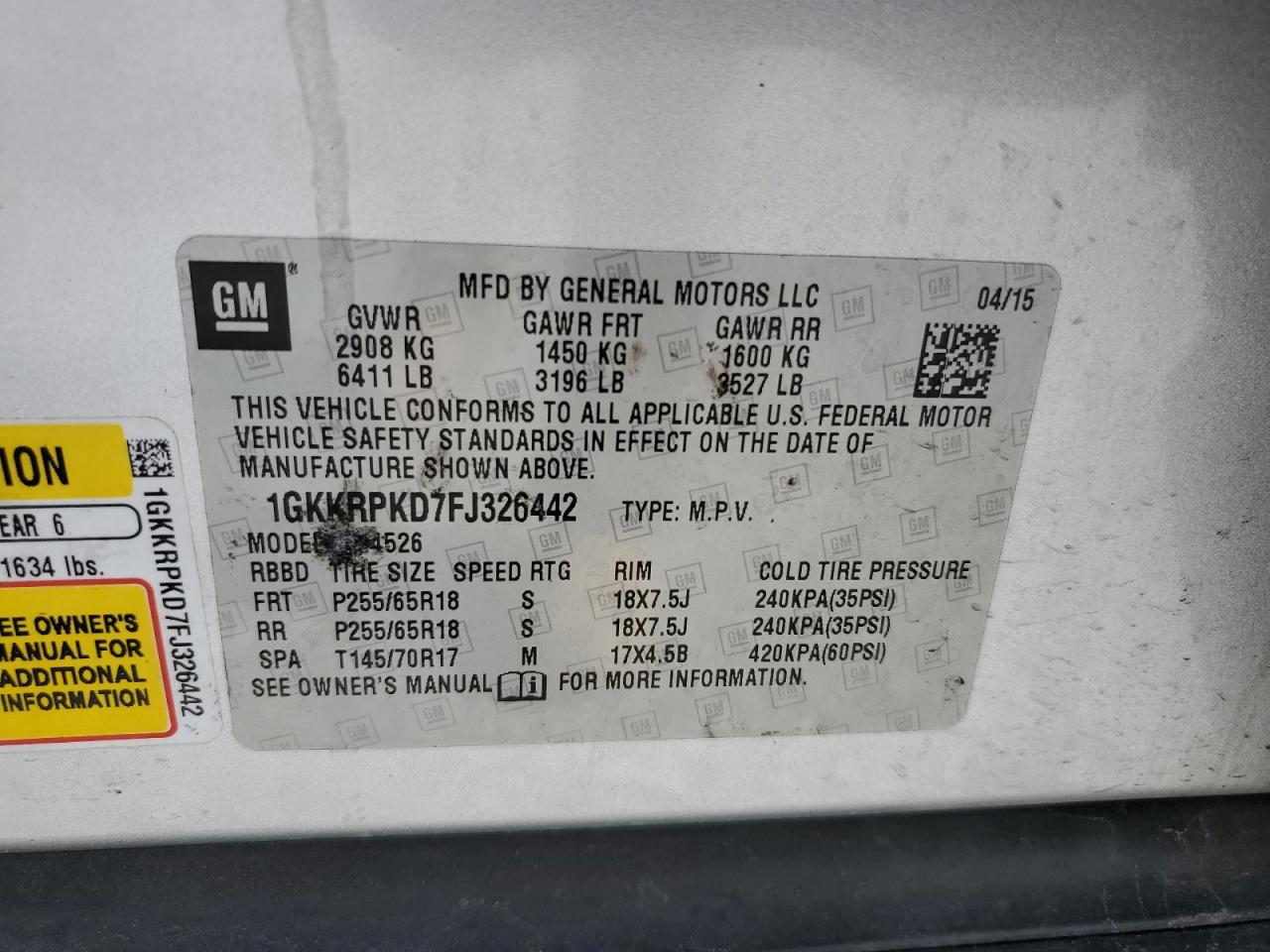 2015 GMC Acadia VIN 1GKKRPKD7FJ326442 Copart auction photo, side / rear end damage thumbnail 13
