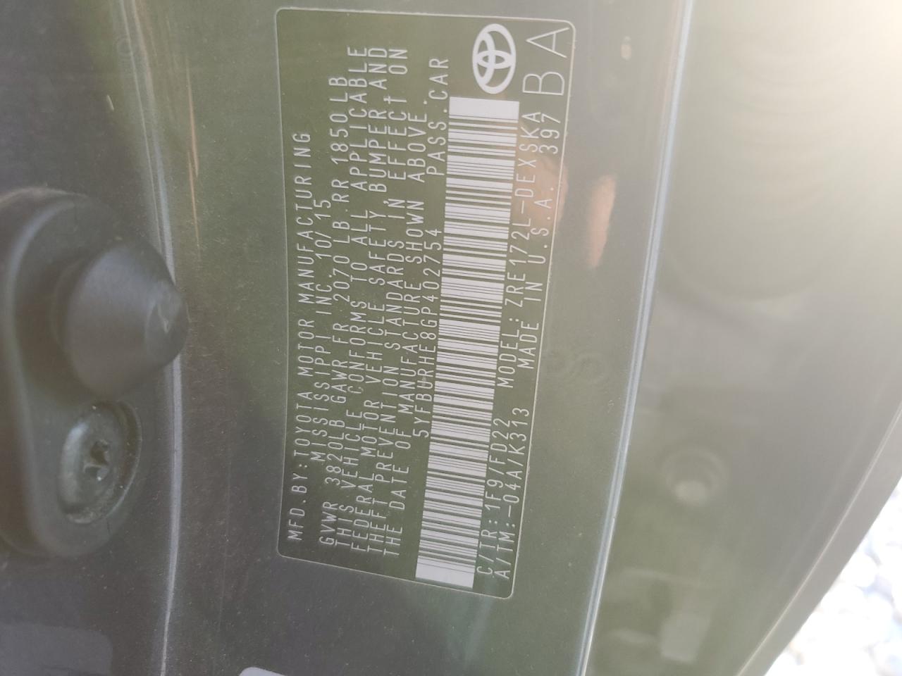 2016 Toyota Corolla VIN 5YFBURHE8GP402754 Copart auction photo, front end damage thumbnail 14