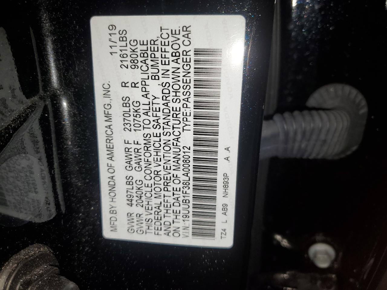 2020 Acura TLX VIN 19UUB1F38LA008012 Copart auction photo, front end damage thumbnail 12
