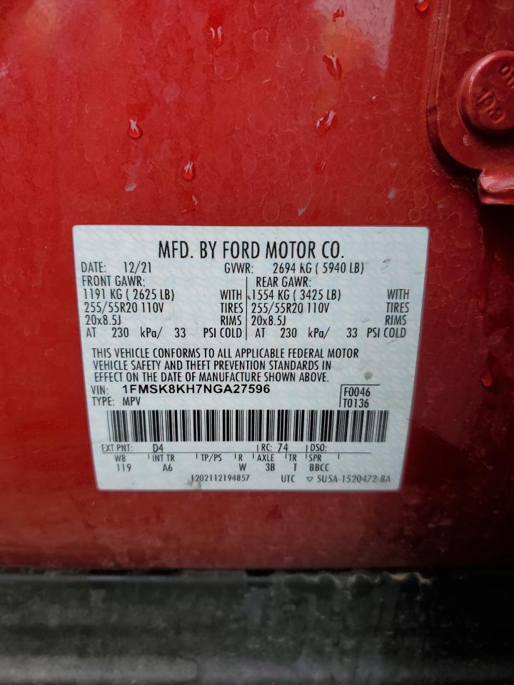 2022 Ford Explorer VIN 1FMSK8KH7NGA27596 Copart auction photo, front end damage thumbnail 16