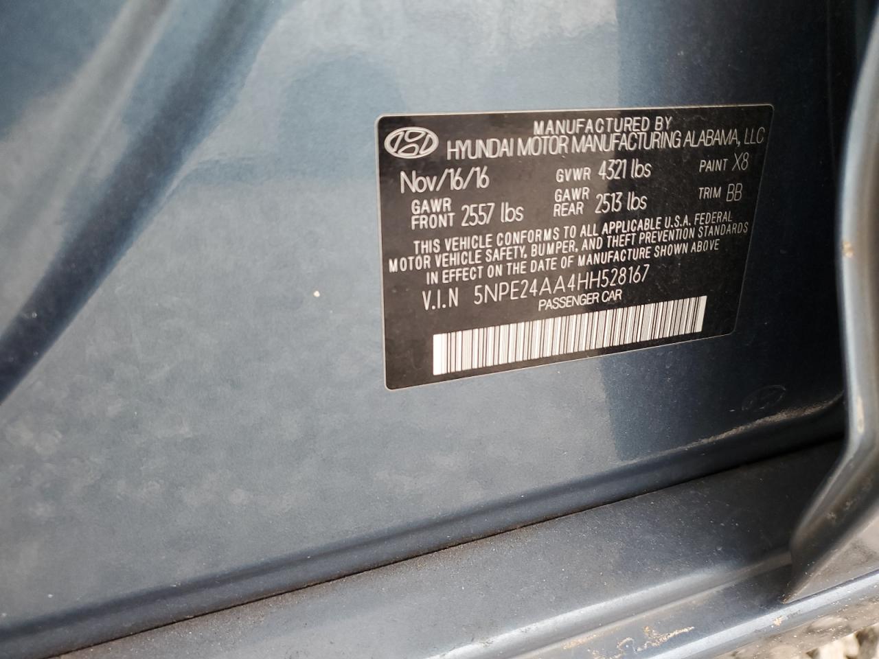2017 Hyundai Sonata VIN 5NPE24AA4HH528167 Copart auction photo, side / rear end damage thumbnail 12
