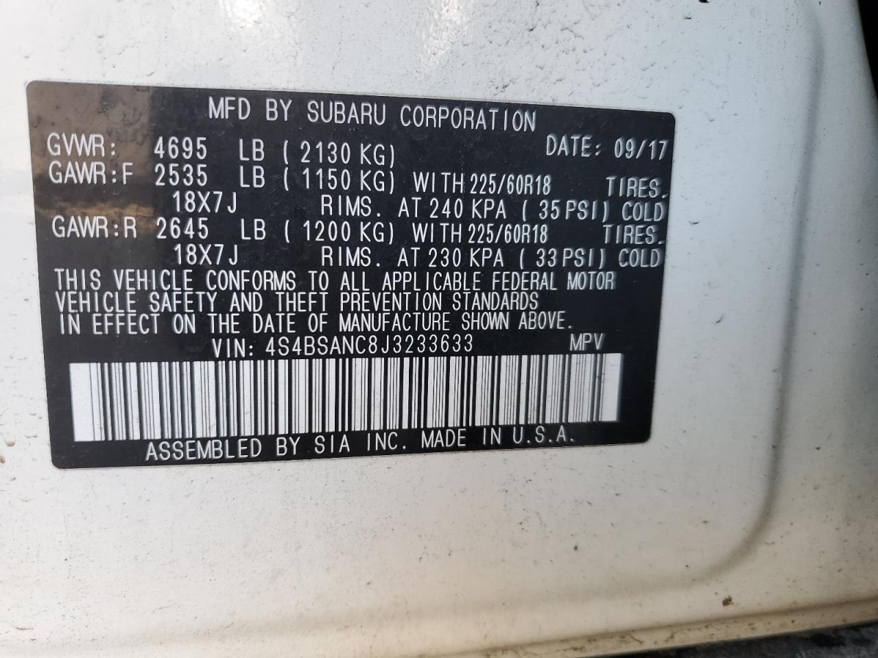 2018 Subaru Outback VIN 4S4BSANC8J3233633 Copart auction photo, front end damage thumbnail 12